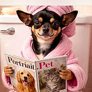 Bluebell is registered to the contest to win money with this photo: animal, bathrobe, bathroom, chihuahua, comedy, costume, cute, dog, humor, indoors, magazine, pet, pink, portrait, posing, reading, sitting, small_dog, toilet, towel