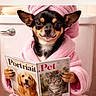 animal, bathrobe, bathroom, chihuahua, comedy, costume, cute, dog, humor, indoors, magazine, pet, pink, portrait, posing, reading, sitting, small_dog, toilet, towel