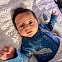 baby, infant, onesie, blue_clothing, shark_design, blanket, white_blanket, gray_blanket, face, hands, lying_down, bed, cute, portrait, indoor, soft_lighting, child, newborn, person, cozy