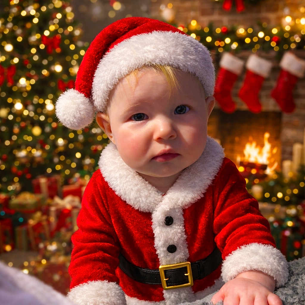 Harper-Kay is registered to the contest to win money with this photo: baby, bokeh, celebration, child, christmas, christmas_tree, cute, decorations, festive, fireplace, fur_trim, holiday, indoors, portrait, presents, red_clothing, santa_hat, seasonal, smiling, stockings