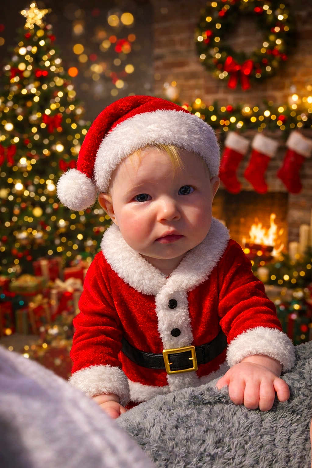 Harper-Kay is registered to the contest to win money with this photo: baby, bokeh, celebration, child, christmas, christmas_tree, cute, decorations, festive, fireplace, fur_trim, holiday, indoors, portrait, presents, red_clothing, santa_hat, seasonal, smiling, stockings