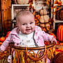 baby, smiling, basket, autumn, pumpkins, fall_leaves, decorations, cute, child, portrait, indoors, seasonal, holiday, festive, warm_colors, clothing, pink_jacket, wooden_floor, cozy, happy