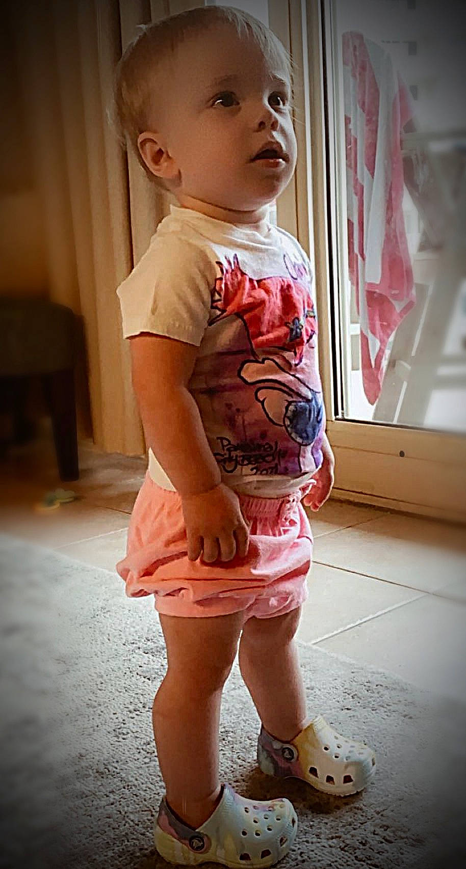 Channing joined the competition — help win amazing prizes! cheek, clothing, eye, face, flooring, happy, joint, knee, leg, lip, neck, person, pink, shorts, shoulder, skin, sleeve, t_shirt, thigh, waist