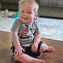 baby, child, smiling, sitting, floor, wooden_floor, tshirt, shorts, indoors, face, cheeks, tongue, blurred_background, couch, toy, happy, cute, casual_clothing, person, home