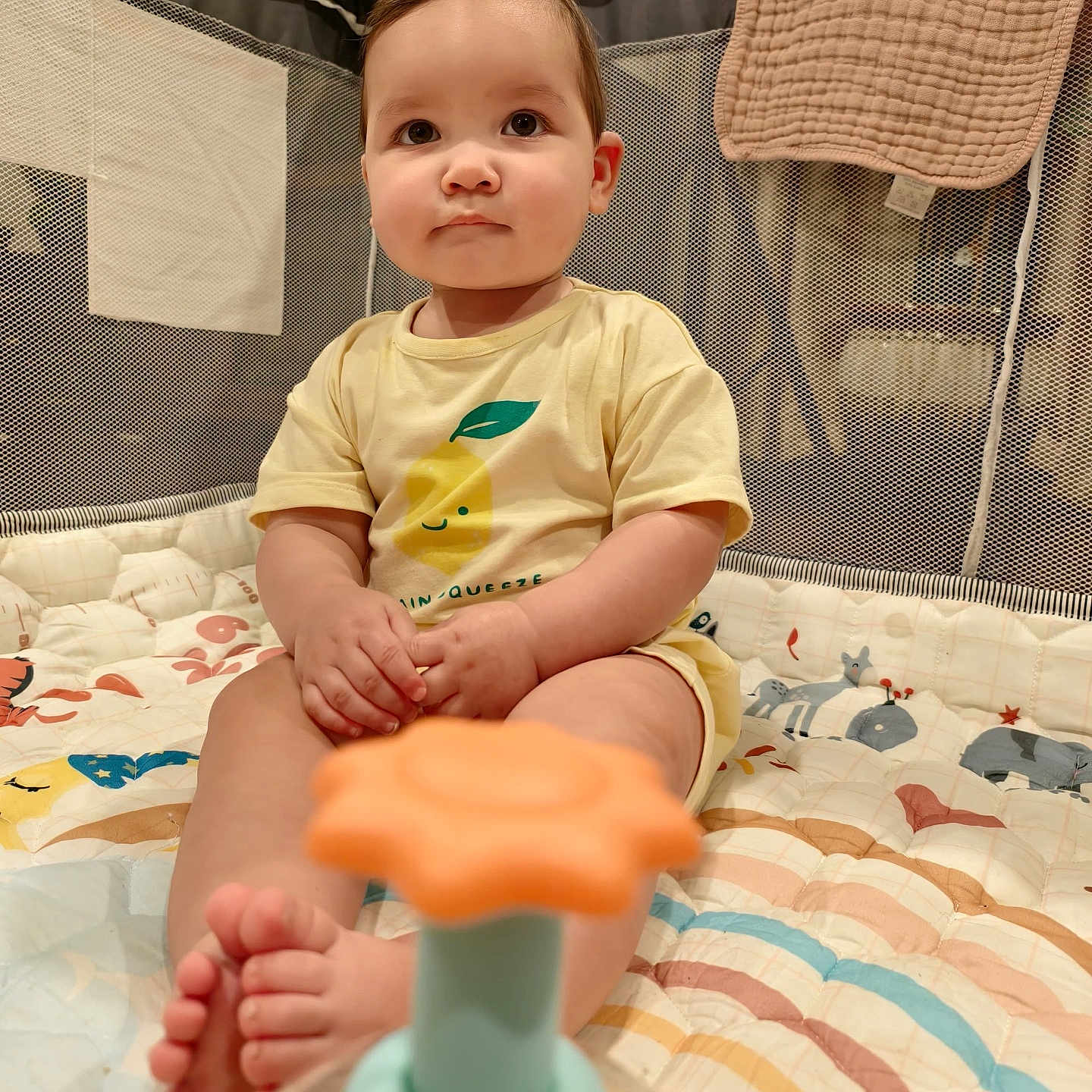 Joseph is registered to the contest to win money with this photo: baby, child, infant, playpen, toy, colorful_bedding, yellow_shirt, smiling_lemon_graphic, feet, hands, mesh_sides, quilt, soft_toy, indoor, cute, portrait, sitting, looking_at_camera, young_child, play_area