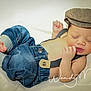 baby, newborn, sleeping, denim, cap, clothing, bare_chest, soft_surface, cute, infant, footwear_absent, relaxed, portrait, child, small_hands, peaceful, indoor, fashion, photography, adorable