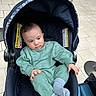 baby, child, stroller, infant, clothing, green_outfit, socks, person, floor, tile, luggage, footwear, indoor, warning_label, navy_blue, cute, seated, curious, hands, head