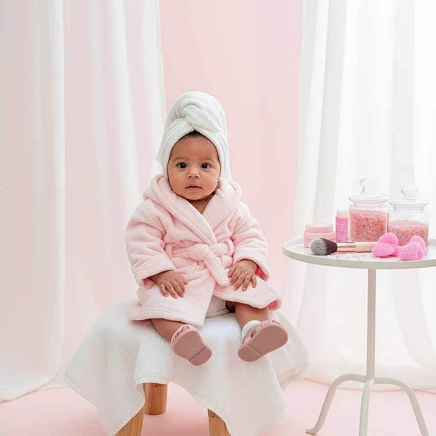 Victorina Gaitán is registered to the contest to win money with this photo: baby, bath_salts, bathrobe, brush, child, cute, face, indoors, pink, portrait, relaxation, sitting, skin_care, soft_lighting, sponges, stool, table, toddler, towel, white