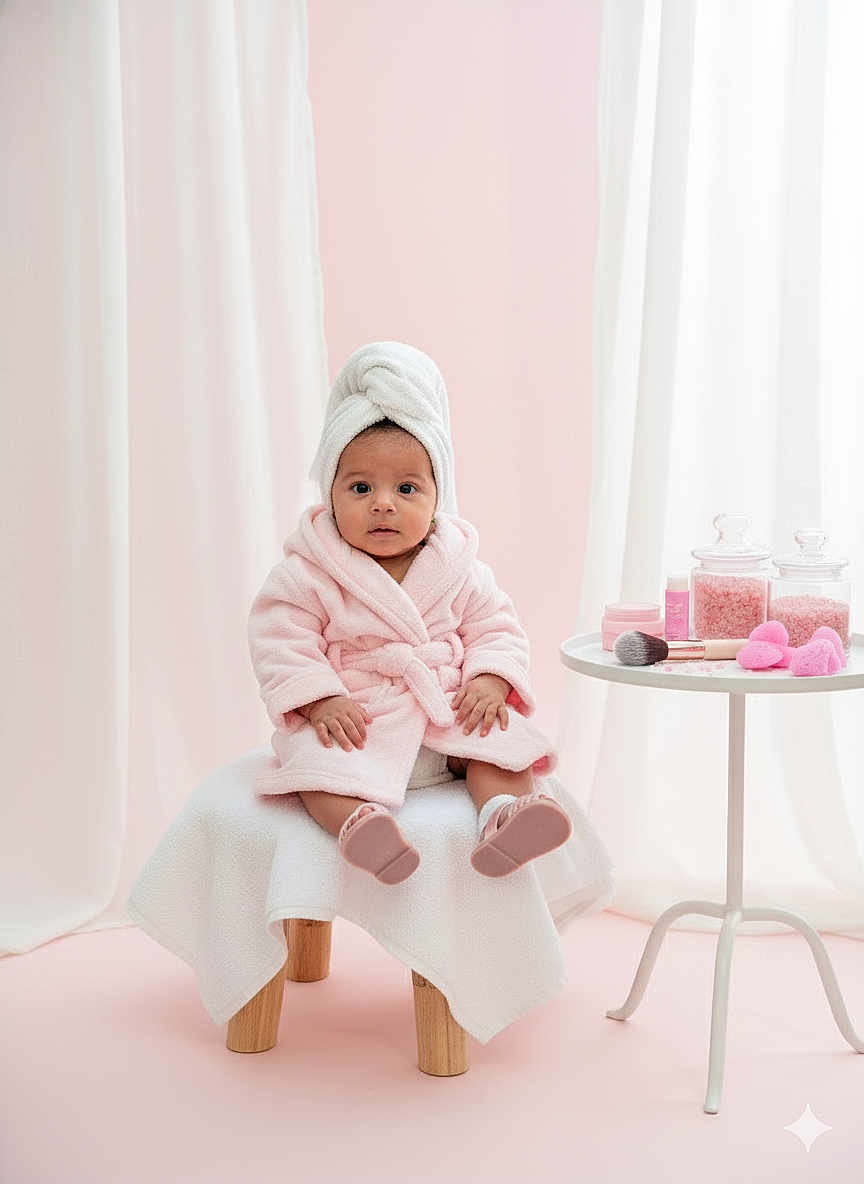 Victorina Gaitán is registered to the contest to win money with this photo: baby, child, towel, bathrobe, pink, white, stool, table, bath_salts, brush, sponges, indoors, portrait, cute, soft_lighting, skin_care, relaxation, toddler, face, sitting