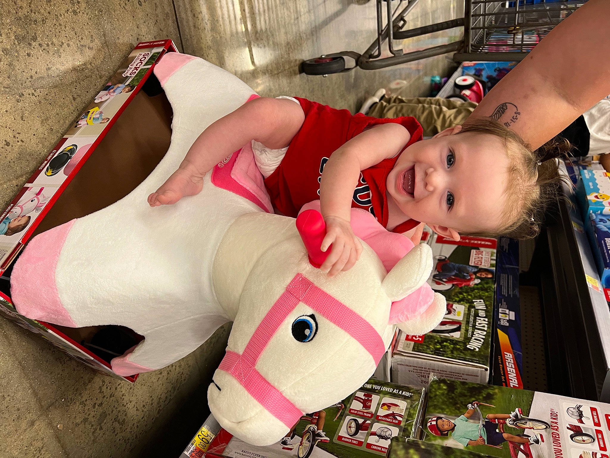 Everleigh joined the competition — help win amazing prizes! abdomen, baby, baby_products, baby_toddler_clothing, carmine, chest, child, eye, fun, happy, head, horse, person, pink, recreation, skin, stuffed_toy, thigh, toddler, toy