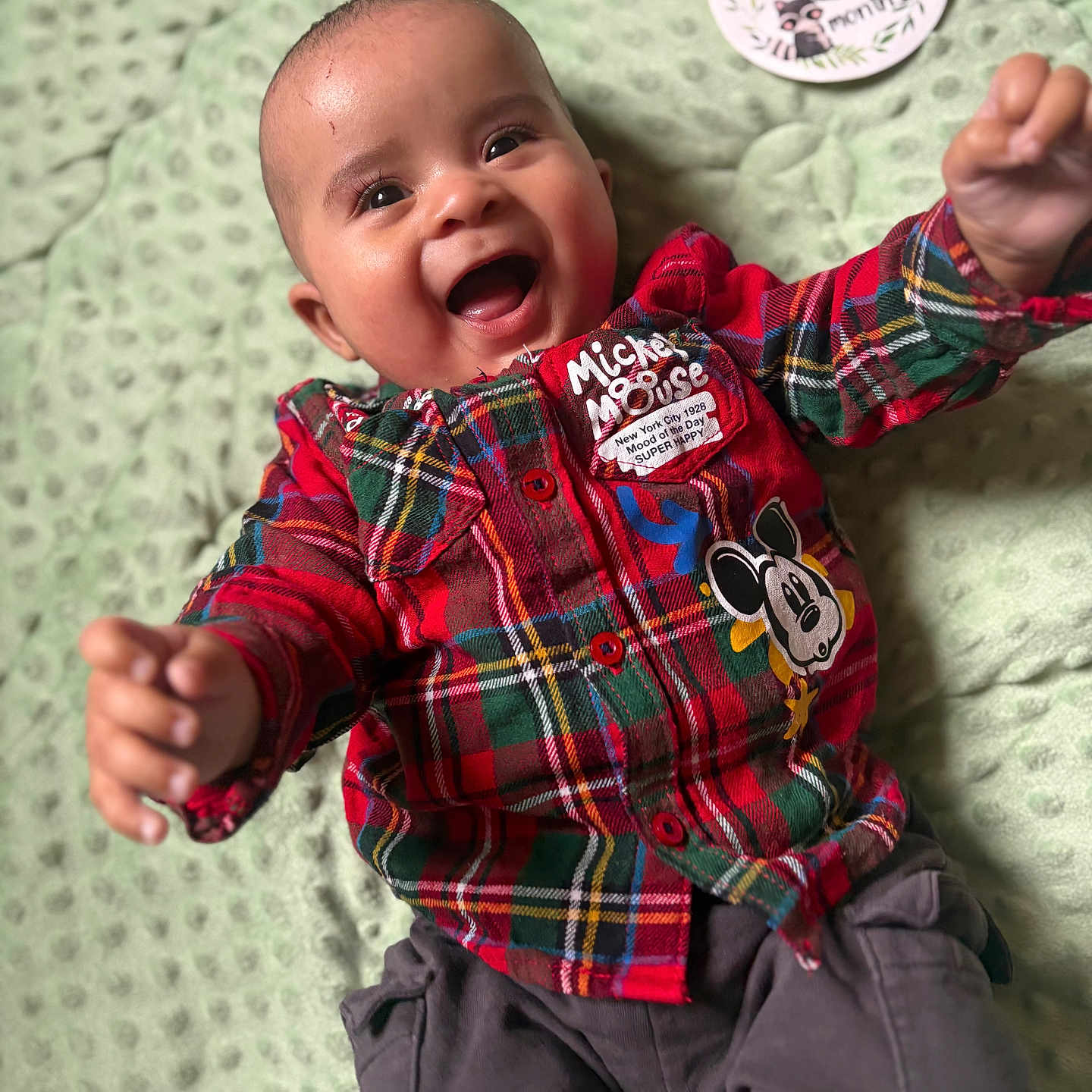 Saïyen a rejoint le concours — aidez-le/la à gagner de superbes lots ! 5_months, baby, blanket, celebration, child, clothing, cute, face, happy, indoors, infant, joy, lying_down, mickey_mouse, milestone_card, person, plaid_shirt, portrait, smiling, toddler