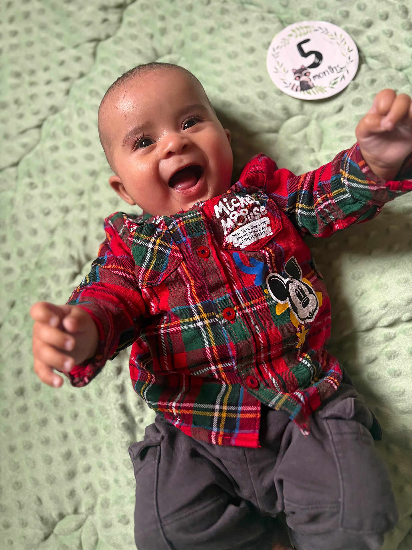 Saïyen a rejoint le concours — aidez-le/la à gagner de superbes lots ! baby, smiling, child, infant, plaid_shirt, mickey_mouse, milestone_card, 5_months, happy, lying_down, blanket, clothing, cute, portrait, indoors, toddler, person, face, joy, celebration