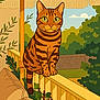 cat, illustration, striped_cat, balcony, umbrella, cushions, plants, leaves, railing, porch, paws, tail, green_eyes, outdoor, sunny, clouds, fence, garden, cartoon, sitting
