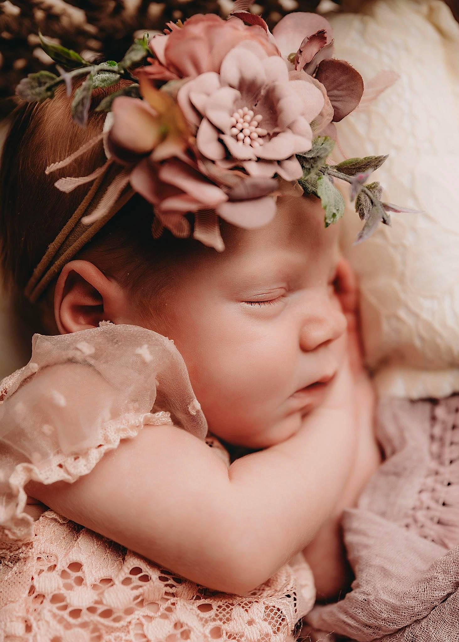 Sadie joined the competition — help win amazing prizes! artificial_flower, baby, bridal_accessory, cut_flowers, fashion_accessory, flower, flower_arranging, hair_accessory, happy, headgear, headpiece, headwear, jewellery, peach, person, petal, pink, plant, rose, textile