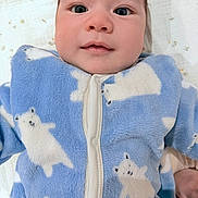 Ayan a rejoint le concours — aidez-le/la à gagner de superbes lots ! baby, blanket, blue_onesie, child, closeup, clothing, comfortable, cute, eyes, face, human, indoors, infant, lying_down, newborn, polar_bear_pattern, portrait, smile, soft_texture, warm