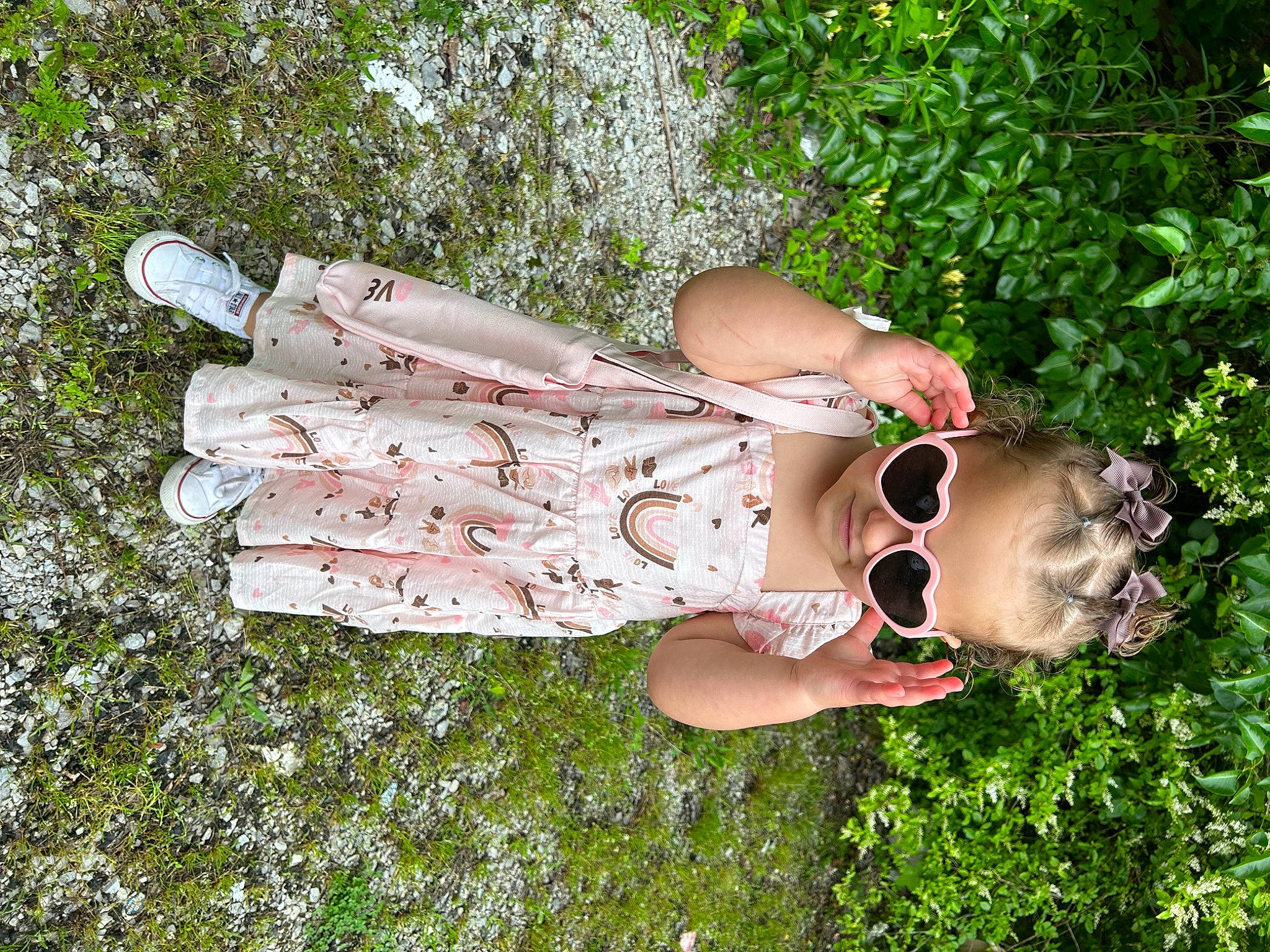 Amiyah joined the competition — help win amazing prizes! day_dress, eyewear, fun, grass, grass_family, happy, human_leg, knee, leisure, pattern, people_in_nature, person, pink, plant, sandal, spring, sunglasses, thigh, tree, waist