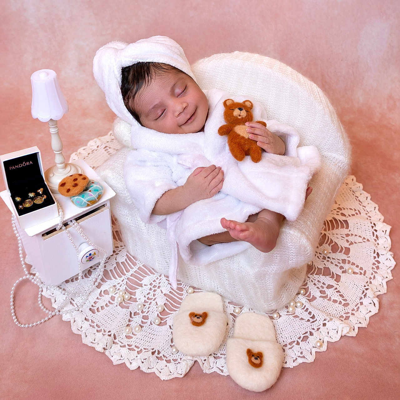Ruhaa is registered to the contest to win money with this photo: baby, child, comfort, cozy, cute, decor, indoor, infant, knitted_chair, lace, peaceful, pearls, portrait, robe, sleeping, slippers, small, soft_toys, teddy_bear, white
