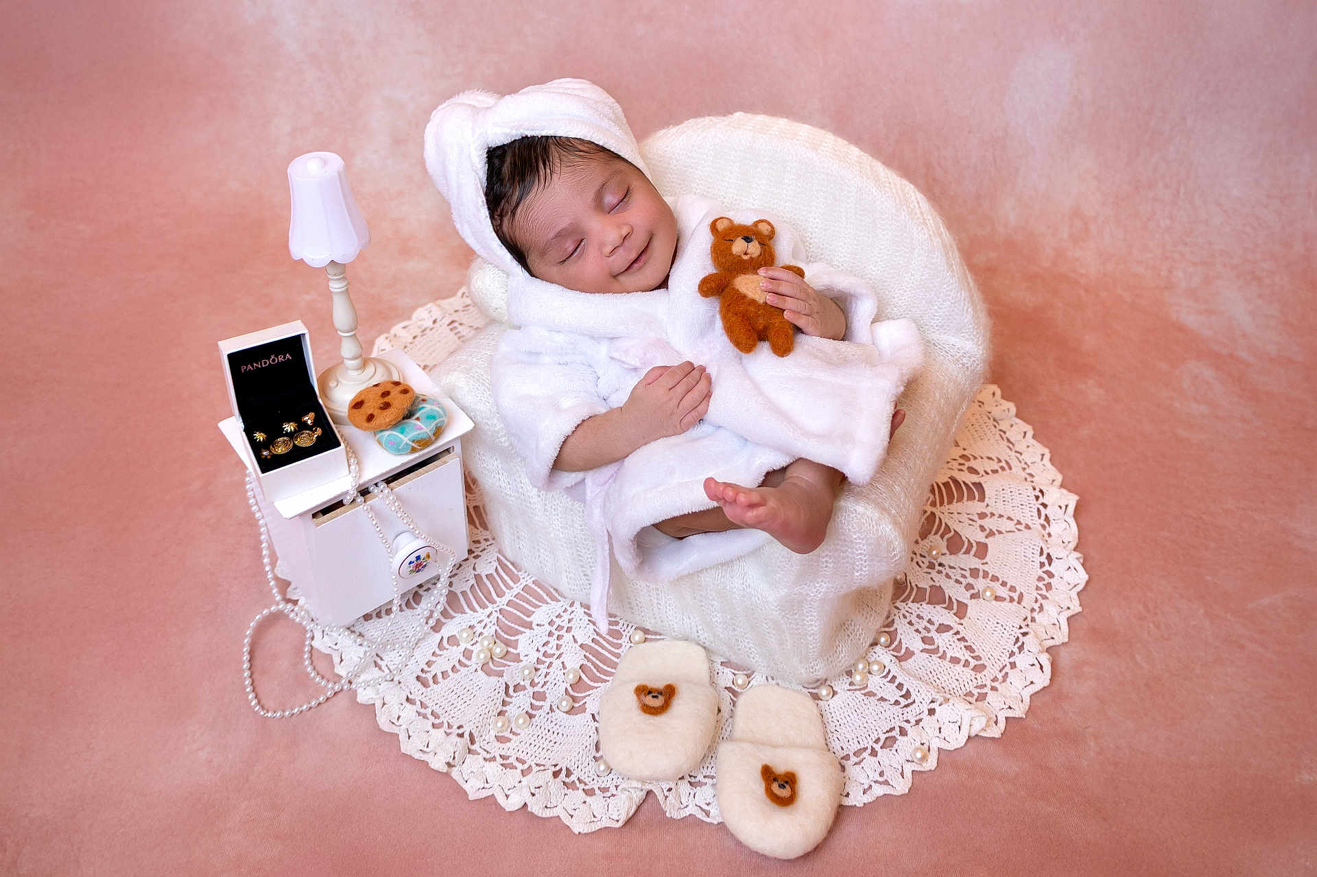 Ruhaa is registered to the contest to win money with this photo: baby, sleeping, teddy_bear, robe, knitted_chair, lace, pearls, slippers, soft_toys, white, cozy, cute, infant, portrait, indoor, decor, peaceful, small, child, comfort