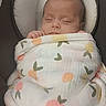 baby, baby_seat, blanket, calm, child, comfort, cushion, cute, fruit_pattern, indoors, infant, newborn, peaceful, portrait, resting, sleeping, soft, swaddle, wrapped, young