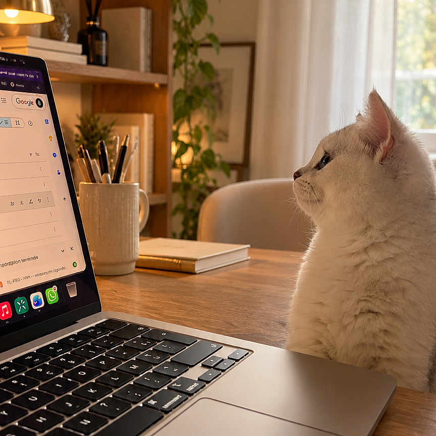 Bali participe au concours pour gagner de l'argent avec cette photo : cat, fluffy_cat, white_cat, pet, animal, portrait, sitting, laptop, computer, workspace, home_office, desk, table, indoor, cozy, plants, bookshelf, window, natural_light, warm_lighting