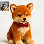 adorable, black_nose, bow_tie, cute, dog, doorstep, ears, fur, inset_photo, orange, pet, plush_toy, puppy, real_dog, red, shiba_inu, sitting, small, stuffed_animal, white_background