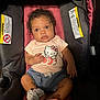Jhournie is registered to the contest to win money with this photo: baby, child, car_seat, curly_hair, clothing, denim_shorts, hello_kitty, infant, footwear, sock, seat_belt, warning_label, indoor, person, cute, young_child, looking, sitting, padded_seat, wide_eyes