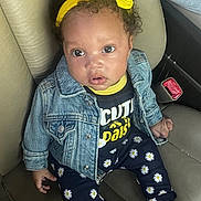 Jhournie is registered to the contest to win money with this photo: baby, child, denim_jacket, yellow_headband, daisy_pattern, pants, shoes, car_seat, leather, cute, curious, portrait, sitting, clothing, infant, face, eyes, hand, fashion, casual