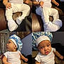 baby, infant, white_clothing, bonnet, blue_bonnet, sneakers, white_sneakers, tattooed_arm, leather_couch, brown_couch, indoor, portrait, child, cute, sitting, expression, supporting_hand, multiple_images, collage, curious