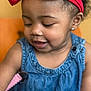 apparel, baby, bow, child, cute, denim, dress, earrings, face, fashion, happy, headband, indoor, person, portrait, red, skin, smiling, toddler, young