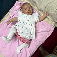 Mahratie joined the competition — help win amazing prizes! baby, child, smiling, white_dress, cherry_embroidery, red_checkered_shorts, white_tights, pink_blanket, lying_down, happy, person, indoor, fabric, feet, legs, arms, face, head, textile, colorful_clothing