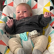 James joined the competition — help win amazing prizes! baby, infant, child, baby_seat, geometric_pattern, colorful, buckle, belt, socks, onesie, long_sleeve, hands, face, eyes, cheeks, portrait, indoor, cozy, fisher_price_tag, neutral_expression