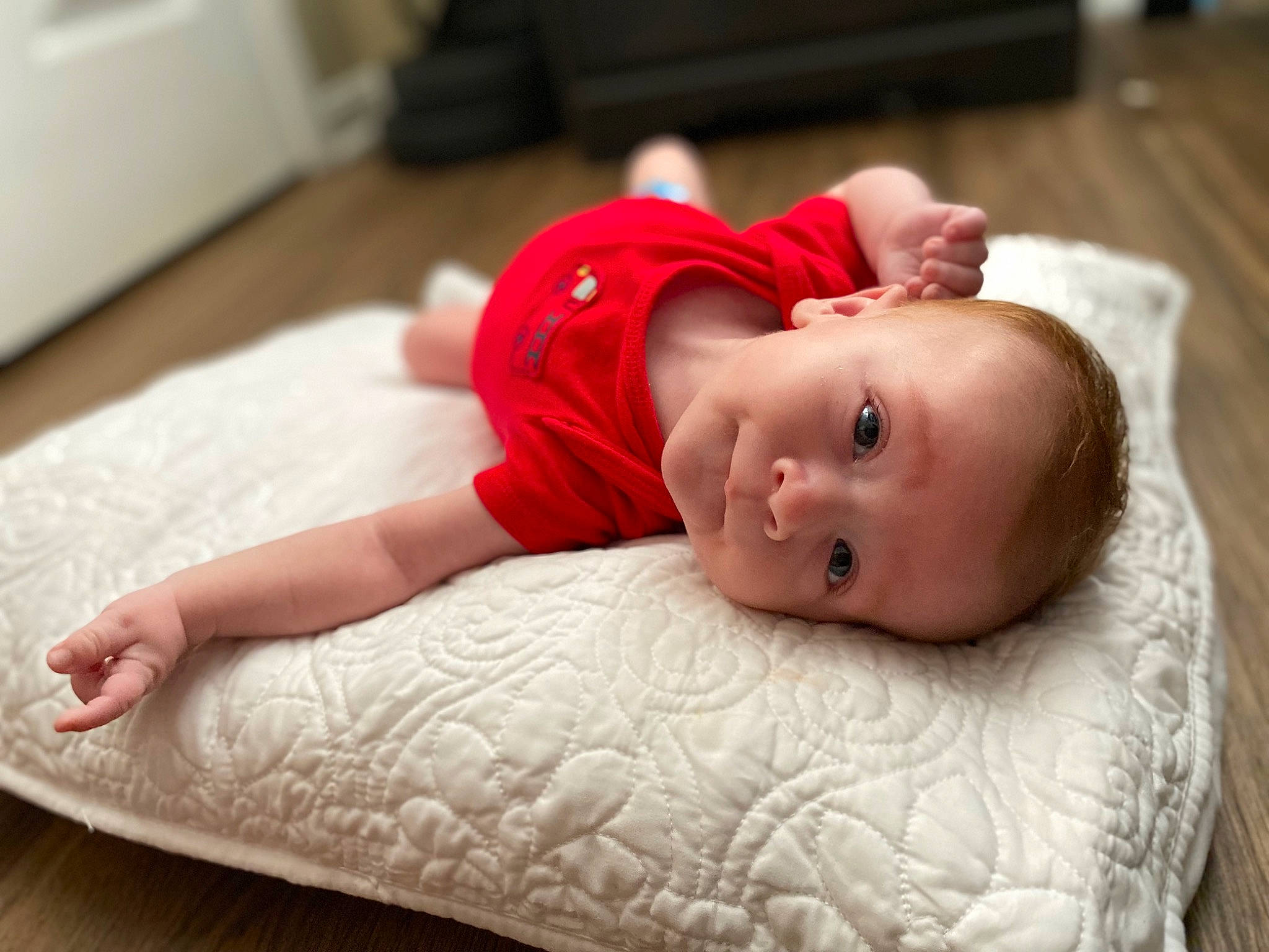 Connor joined the competition — help win amazing prizes! baby, baby_toddler_clothing, cheek, child, chin, comfort, face, facial_expression, flash_photography, flooring, headgear, linens, lip, person, portrait_photography, room, sitting, skin, toddler, white
