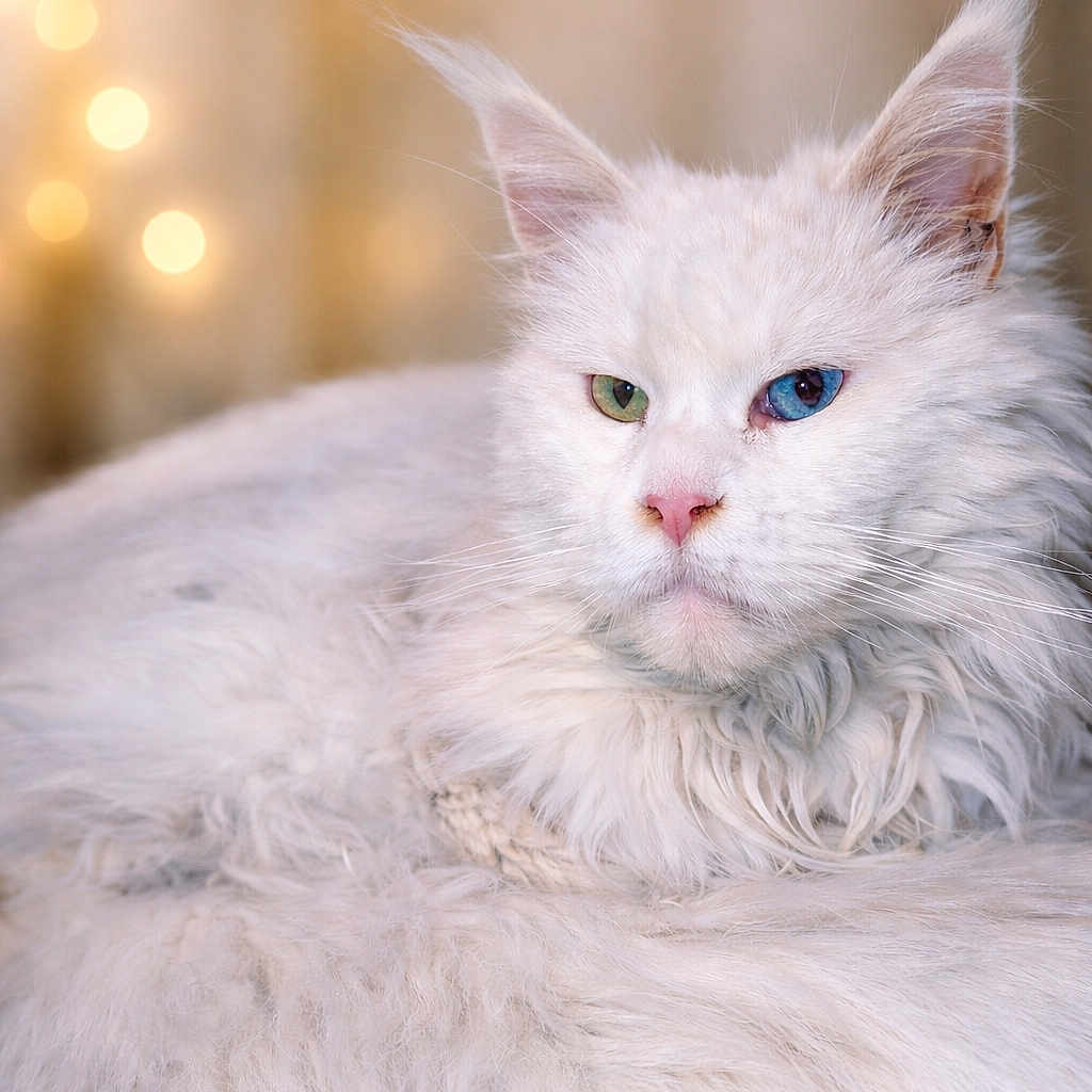 Sissy participe au concours pour gagner de l'argent avec cette photo : cat, white_cat, heterochromia, blue_eye, green_eye, fluffy_fur, portrait, pet, animal, indoor, soft_lighting, bokeh, close_up, relaxed, feline, cute, whiskers, ears, nose, sleepy