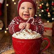 Cash is registered to the contest to win money with this photo: baby, child, smiling, red_hat, knitwear, candy_cane, whipped_cream, hot_chocolate, christmas_tree, holiday_lights, gingerbread_cookie, peppermint, wooden_platter, powdered_sugar, festive, winter_clothing, indoor, portrait, cozy, cute