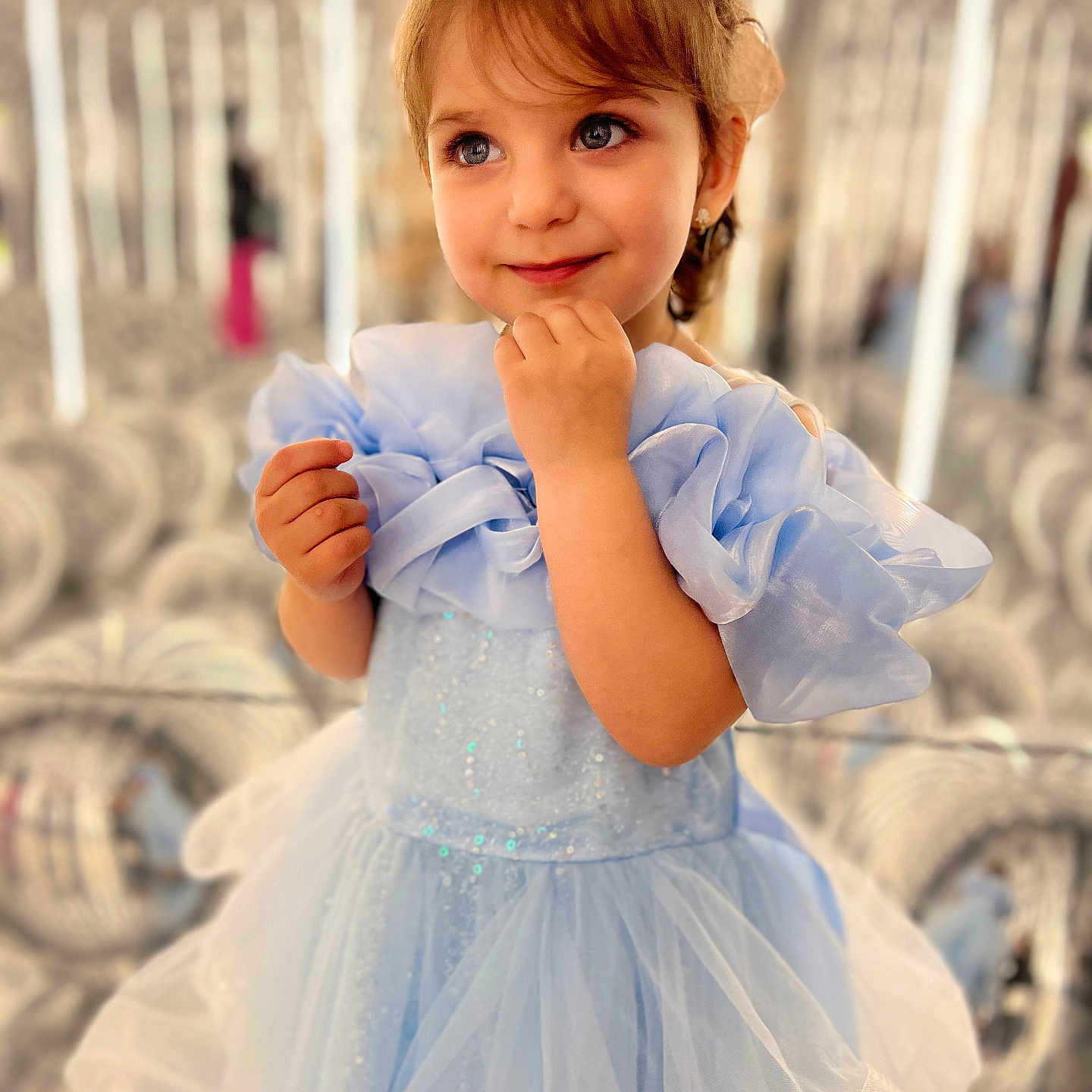 Geula Luzon is registered to the contest to win money with this photo: background_blur, blue_dress, child, cute, dress, earrings, face, fashion, girl, hands, indoor, person, portrait, puffy_sleeves, reflection, short_hair, smile, sparkle, tulle, young