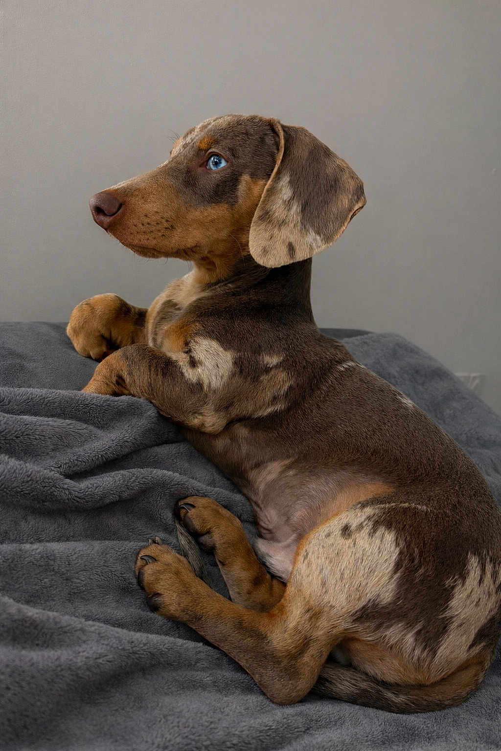 Pablo participe au concours pour gagner de l'argent avec cette photo : dog, dachshund, pet, blue_eyes, brindle, puppy, side_profile, indoor, blanket, cozy, paws, snout, ears, portrait, looking_up, sitting, fur, whiskers, bedding, domestic_animal