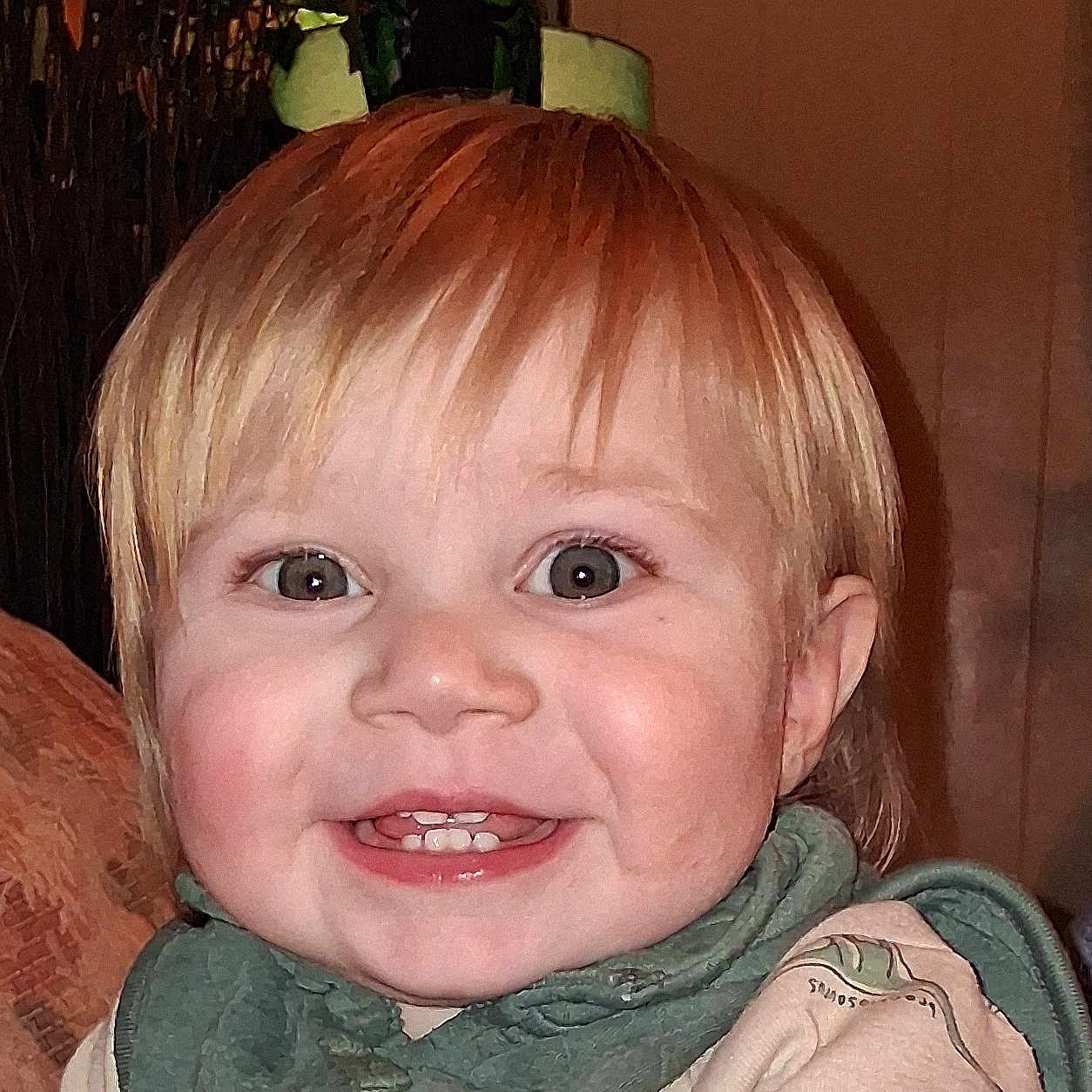William joined the competition — help win amazing prizes! child, toddler, smiling, face, blond_hair, baby, eyes, teeth, closeup, portrait, indoor, happy, clothing, scarf, cute, skin, person, head, cheeks, young