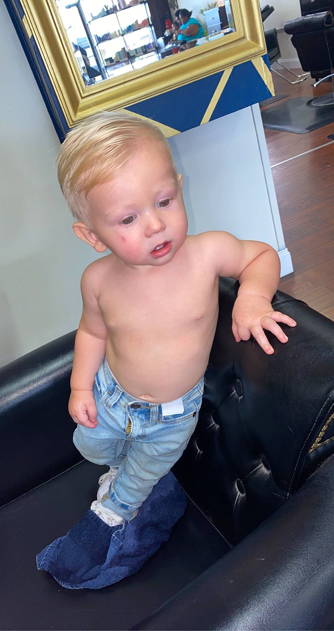 Brexton joined the competition — help win amazing prizes! abdomen, chest, elbow, electric_blue, finger, flooring, fun, human_leg, jeans, joint, knee, muscle, person, picture_frame, shoulder, sitting, skin, thigh, thumb, toddler