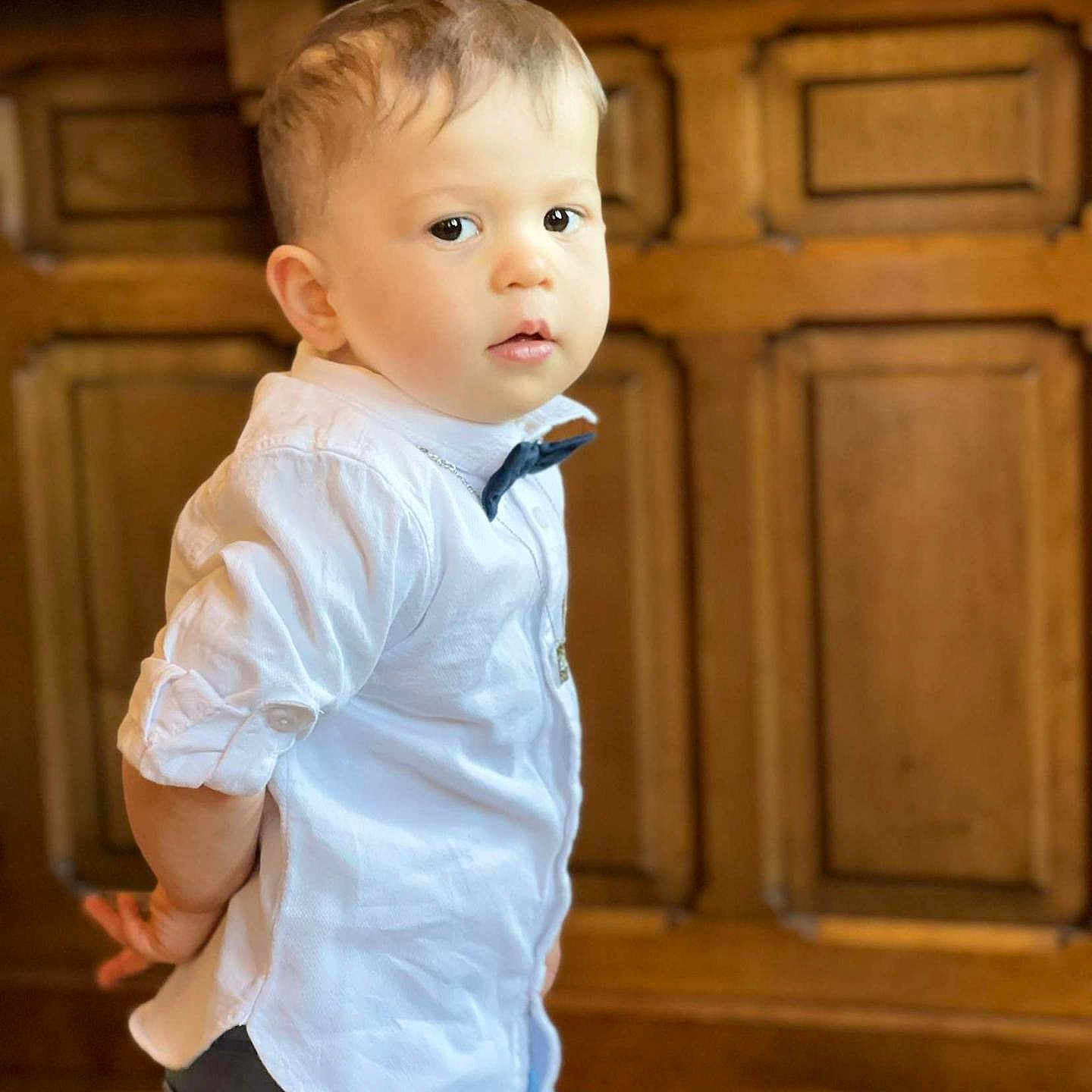 Guilano a rejoint le concours — aidez-le/la à gagner de superbes lots ! bow_tie, boy, casual, child, curious, cute, fashion, floor, formal, hands_behind_back, indoor, looking_back, person, portrait, short_hair, standing, toddler, white_shirt, wooden_cabinet, young_child