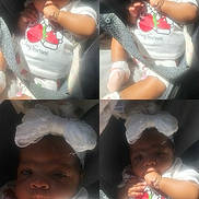 Harmonee is registered to the contest to win money with this photo: baby, child, white_bow, headband, car_seat, cherry_print, white_clothing, infant, cute, portrait, hand_near_mouth, seatbelt, collage, four_photos, soft_lighting, indoors, young_child, adorable, face, young_infant