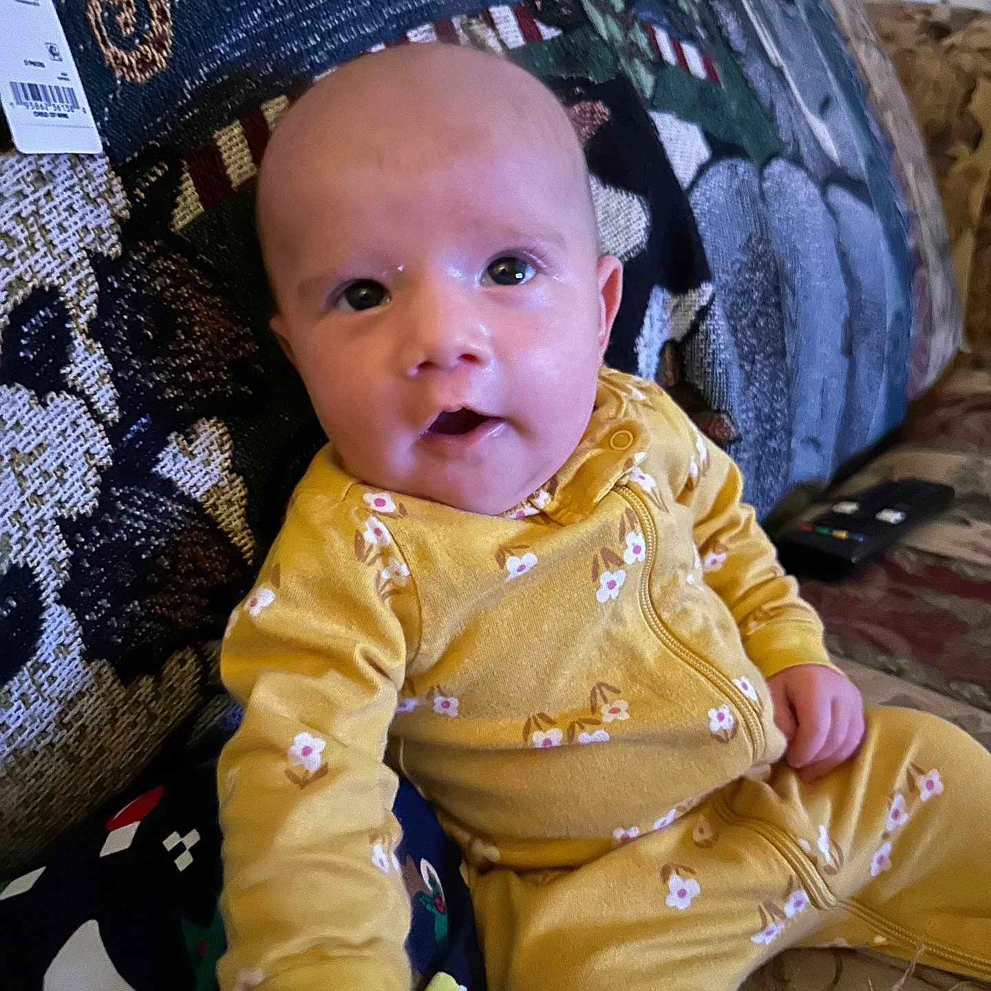 Hazel joined the competition — help win amazing prizes! architecture, baby, bodypart, cap, clothing, couch, cushion, dress, face, finger, furniture, hand, hat, head, homedecor, pants, person, photography, portrait, sitting