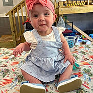 Scarlett joined the competition — help win amazing prizes! baby, child, infant, headband, pink_bow, dress, blue_dress, sitting, blanket, floral_pattern, carrot_pattern, indoor, stairs, wooden_stairs, curious_expression, footwear, shoes, cute, person, portrait