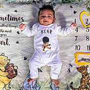 Asher joined the competition — help win amazing prizes! baby, infant, child, onesie, winnie_the_pooh, blanket, cartoon, milestone, months, smiling, cute, lying_down, tiger, bear, heart, numbers, clothing, indoors, soft_texture, happy