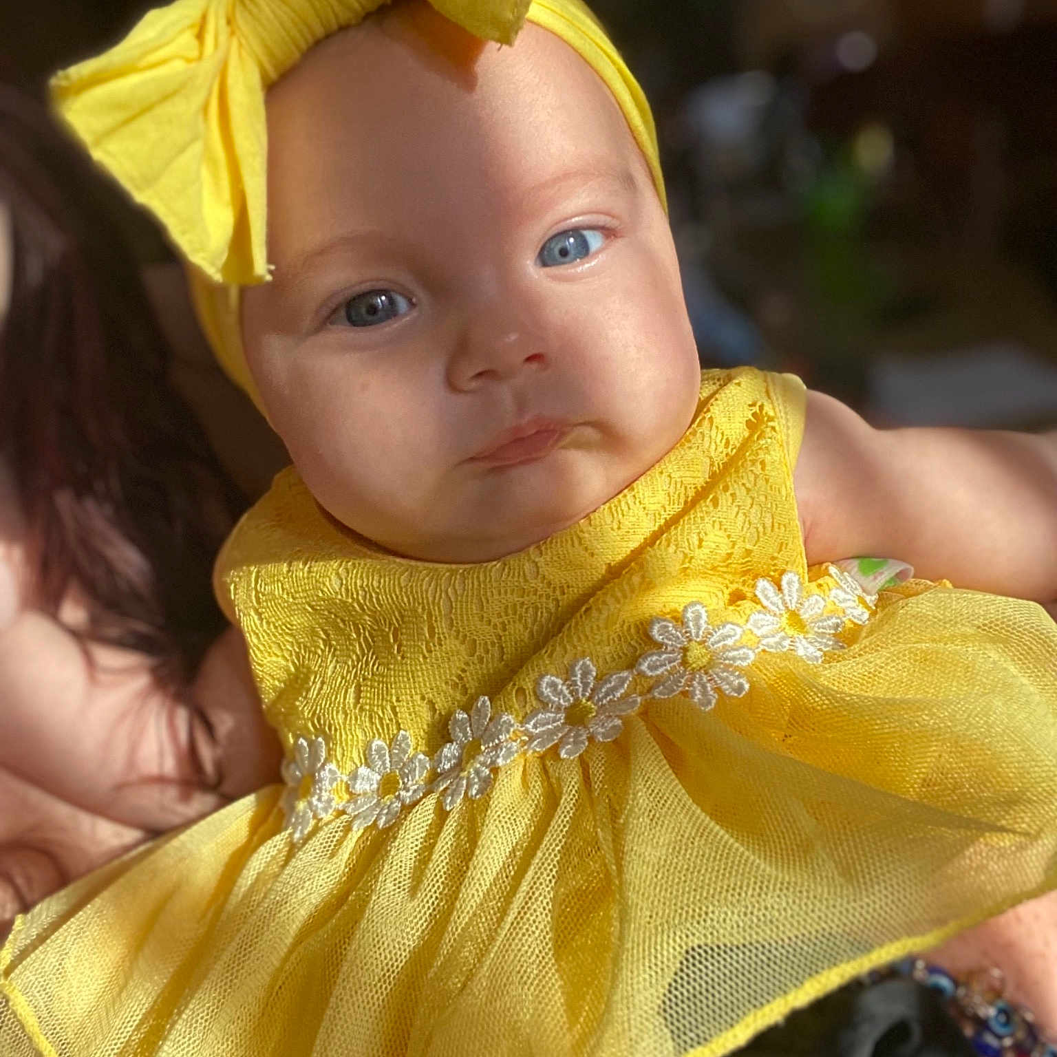 Elena joined the competition — help win amazing prizes! baby, baby_toddler_clothing, cheek, child, close_up, dress, event, eye, fun, grass, hair_accessory, happy, headgear, headpiece, iris, jewellery, pink, skin, toddler, yellow