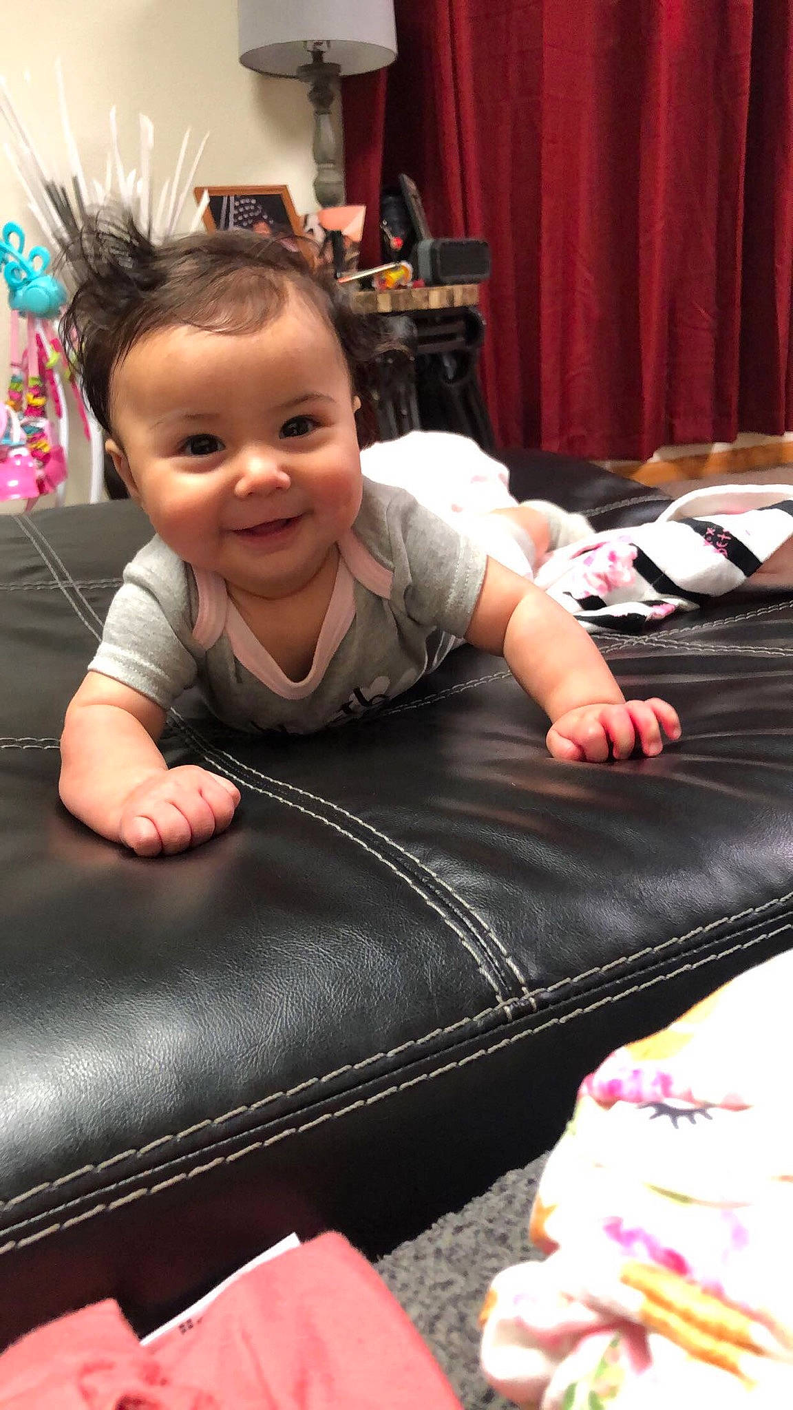 Giana joined the competition — help win amazing prizes! baby, baggage, comfort, curious, curtain, eyelash, hair_accessory, joy, leather, linens, person, play, toddler