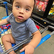Julian Lucas Rojas is registered to the contest to win money with this photo: toddler, child, shopping_cart, grocery_store, striped_shirt, baby, hand, face, eyes, floor, sitting, person, retail, supermarket, clothing, product, food, grocery, shopping, store_interior