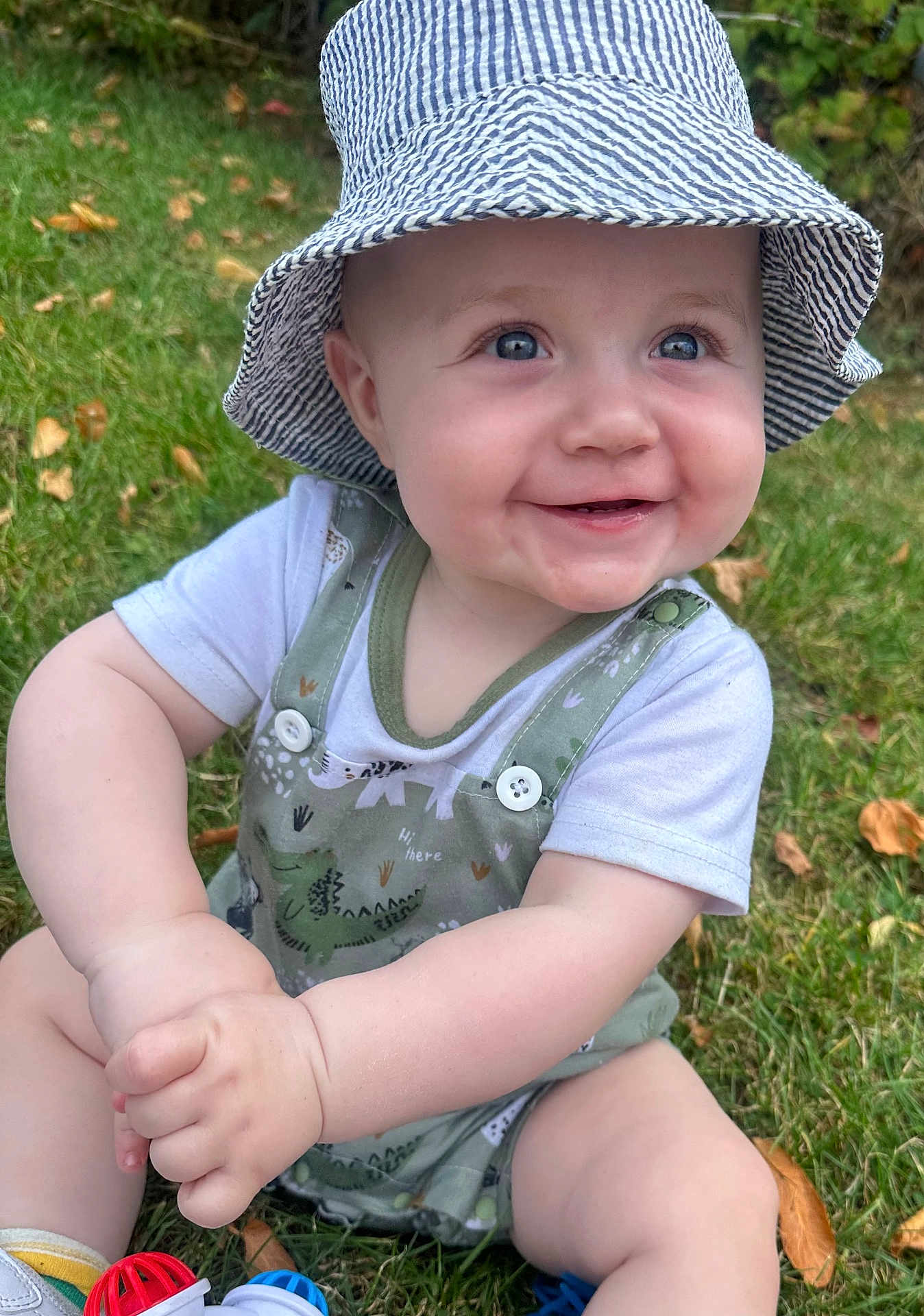 Ollie joined the competition — help win amazing prizes! baby, child, smiling, hat, overalls, grass, outdoor, dinosaur_print, blue_eyes, chubby_hands, cute, nature, autumn_leaves, sitting, happy, young_child, infant, playful, casual_clothing, sun_hat