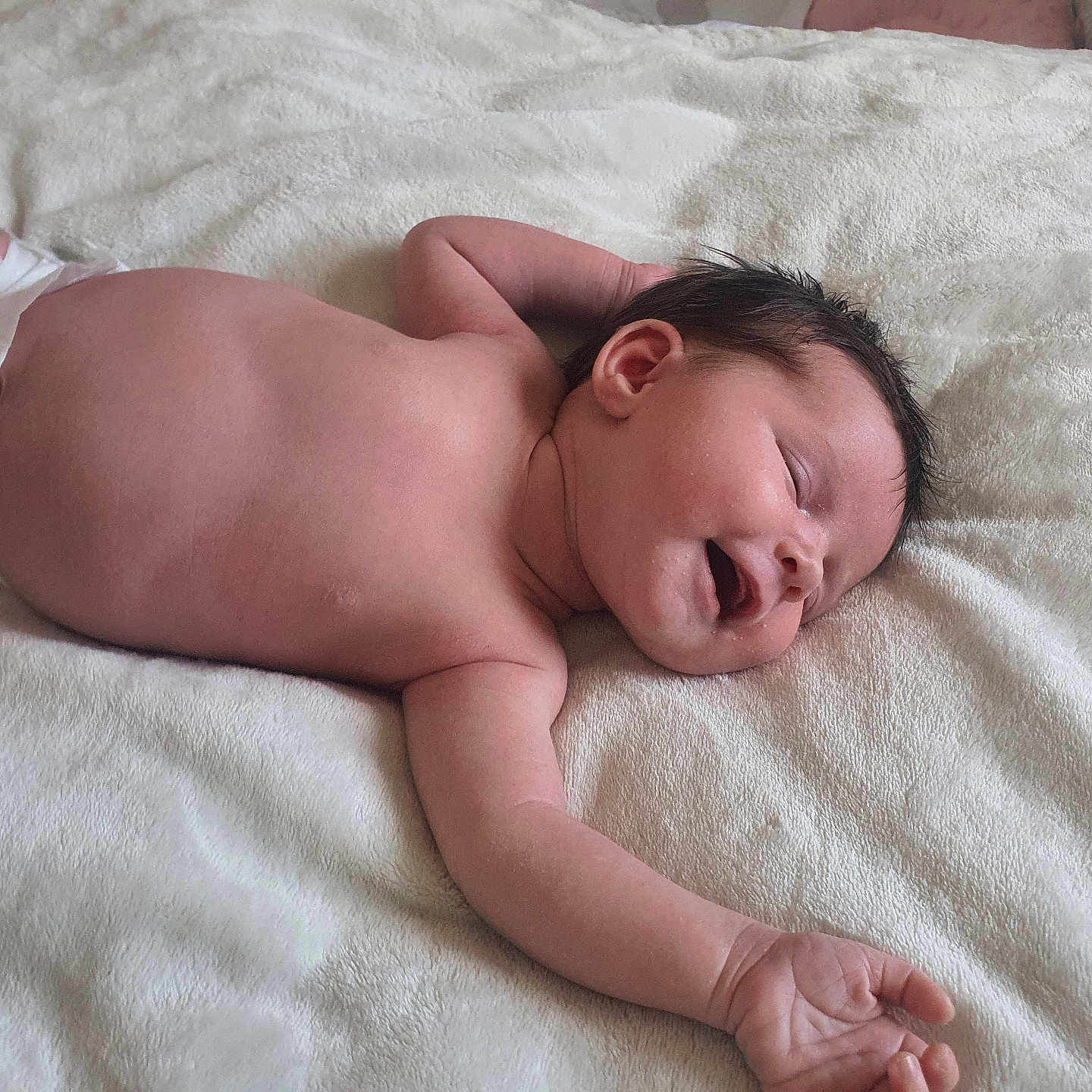 Rue joined the competition — help win amazing prizes! arm, baby, blanket, child, cozy, cute, diaper, face, hand, indoors, infant, lying_down, newborn, peaceful, relaxed, resting, skin, sleeping, smiling, soft_texture