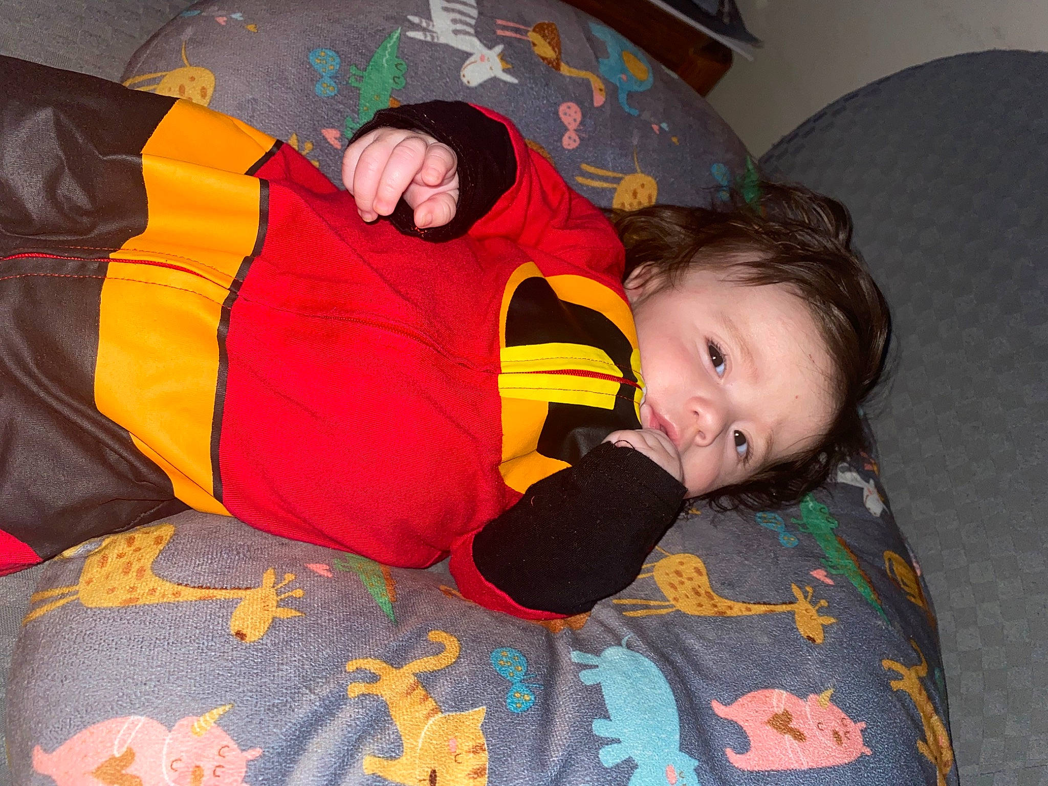 Gwynevere is registered to the contest to win money with this photo: baby, baby_toddler_clothing, bedding, bedtime, blanket, child, comfort, flooring, fun, lap, linens, nap, orange, pattern, person, room, sitting, sleep, toddler