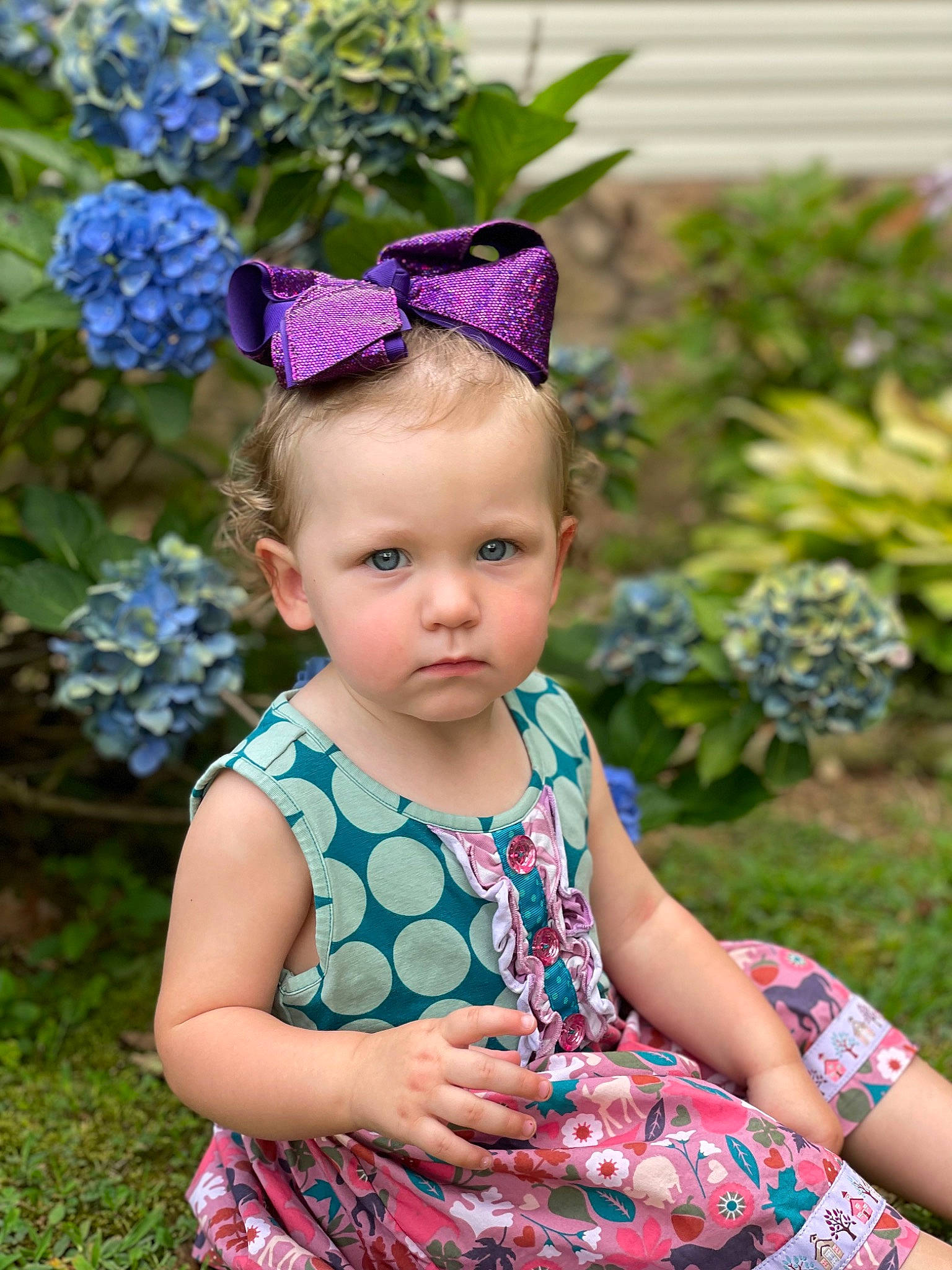 Gabby is registered to the contest to win money with this photo: baby_toddler_clothing, blue, child, day_dress, electric_blue, flower, grass, happy, headband, jewellery, leaf, magenta, pattern, person, petal, photograph, pink, plant, purple, summer